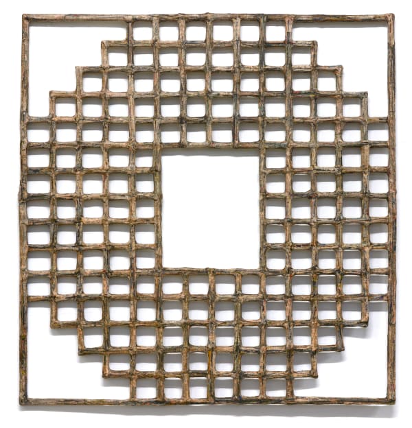 Window #41, 2020 Financial Times newspaper, bamboo and adhesive 113.5 x 117 x 2 cm 44 1/2 x 46 1/2 x 1 in