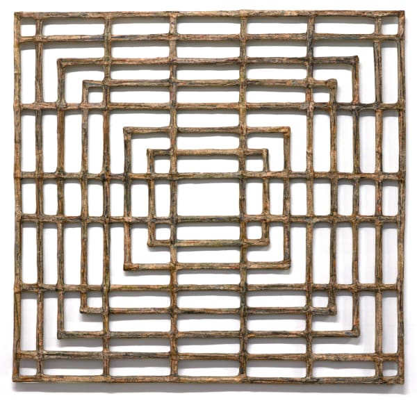 Window #40, 2020 Financial Times newspaper, bamboo and adhesive 113 x 119.5 x 2 cm 44 1/2 x 47 1/2 x 1 in