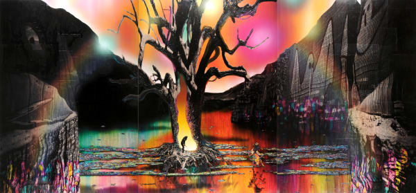 Promised Land, 2009 Financial newspaper, ink, acrylic gel, spray on sail cloth 229 x 489 x 3.5 cm 90 1/2 x 192 1/2 x 1 1/2 in