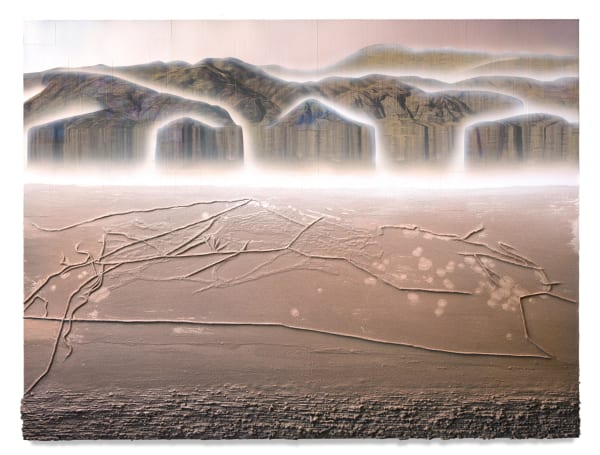 Lines in the Sand, 2016 Financial Times stock listings, acrylic, pumice and sand on canvas and sail cloth 150 x 200 x 5 cm 59 1/2 x 78 1/2 x 2 in