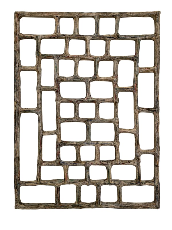 Window F #54, 2020 Financial Times newspaper, bamboo and adhesive 76 x 55 x 2.5 cm