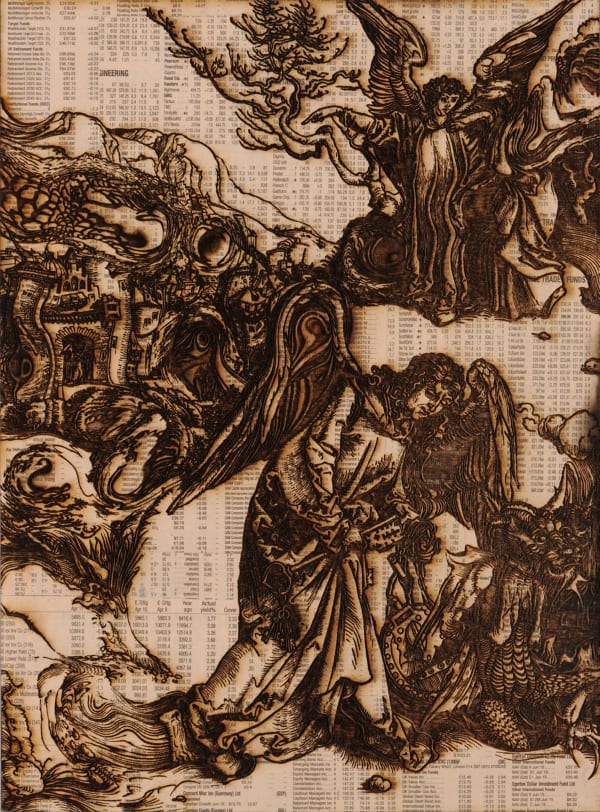 Revelations XV (Apocalypse), 2009 Pyrographic laser etching with 20-30 layers of vaporised Financial Times newspaper on plywood 32.5 x 24.5 x 2 cm 13 x 9 1/2 x 1 in