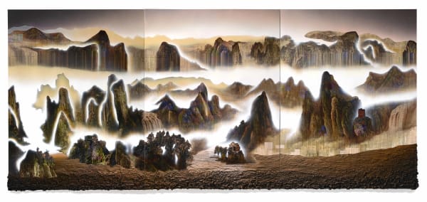 A Thousand Plateaus, 2016 Financial Times newspaper, archival inkjet, sand and pumice on canvas and aluminium 200 x 450 x 5 cm 78 1/2 x 177 1/2 x 2 in