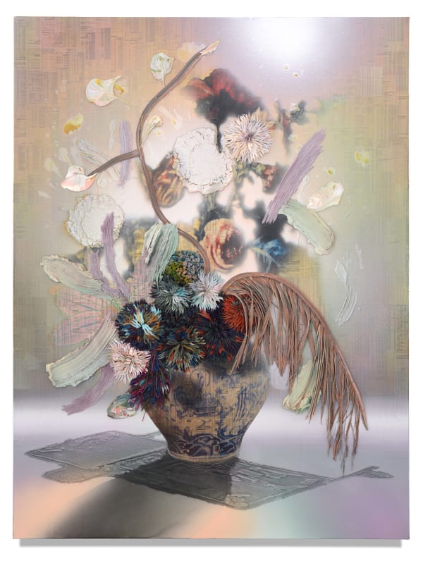 Gamers, 2018 Financial newspaper, archival inkjet, acrylic and sand on linen 150 x 112.5 cm 59 1/2 x 44 1/2 in