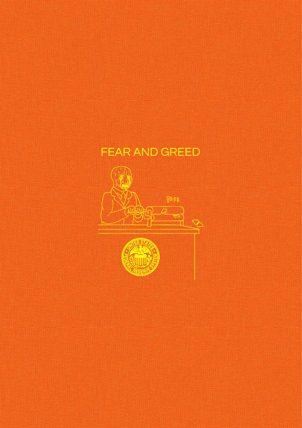 Fear and Greed, 2021 Double walled clamshell box with supporting plinth, stamped in gold on the spine and front cover, covered in orange Italian Cialux bookcloth, all linked in turquoise Colorplan paper containing 10 Archival inkjet prints on Epson Hot Press Bright Fine Art Paper 300gsm 62.2 x 44.5 x 3.8 cm 24 1/2 x 17 1/2 x 1 1/2 in