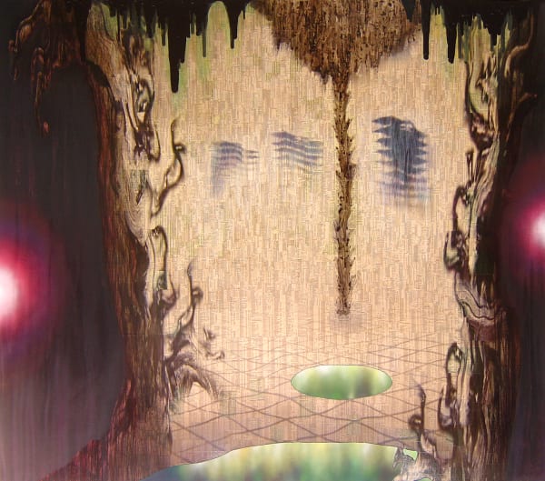 Hi-Rises, 2004 Financial Times, Ink, Acrylic gel and spray on board 183 x 213 x 4 cm 72 1/2 x 84 x 1 1/2 in