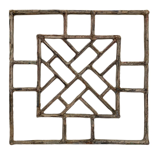 Window J #58, 2020 Financial Times newspaper, bamboo and adhesive 54.5 x 54 x 2 cm