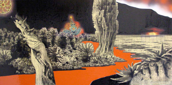 Clown in the Bush, 2004 Financial Times, Ink, Gloss, Acrylic Gel and Spray on canvas 100 x 200 x 5 cm 39 1/2 x 78 1/2 x 2 in