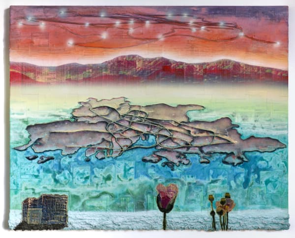 Tears Of Paradise (Study), 2020 Financial newspaper, archival inkjet, acrylic on canvas 80 x 100 x 4 cm 31 1/2 x 39 1/2 x 1 1/2 in