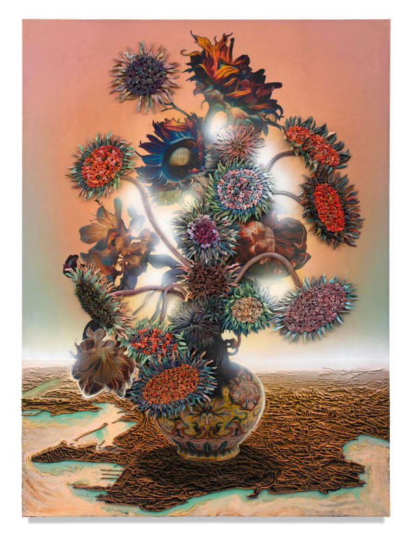 Fragrant Harbour, 2023 Financial newspaper, archival inkjet, acrylic and sand on linen 135 x 100 x 5 cm 53 x 39 1/2 x 2 in