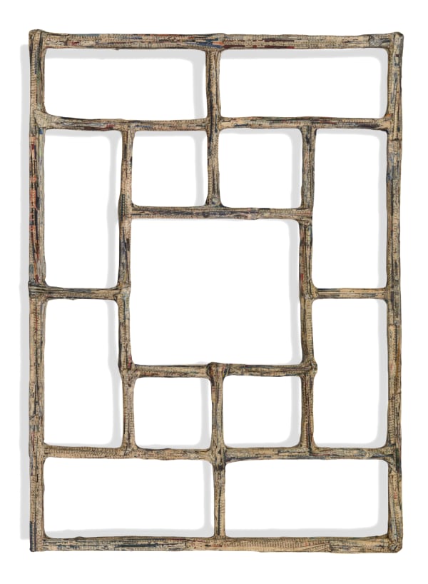 Window O #63, 2020 Financial Times newspaper, bamboo and adhesive 51 x 54 x 2 cm