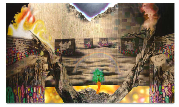 Technophobia, 2005 Financial newspaper, conte pastels, ink acrylic and spray on canvas 274.5 x 456 x 5 cm 108 1/2 x 179 1/2 x 2 in