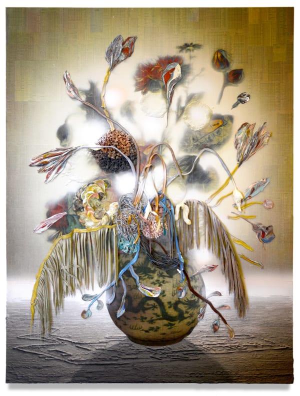 Rebalance to Asia, 2017 Financial newspaper, acrylic and sand on linen 200 x 150 x 5 cm 78 1/2 x 59 x 2 in