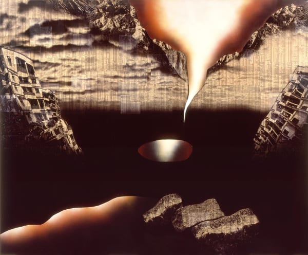 Overlit Realm, 2005 Financial Times newspaper, ink, gloss, acrylic gel and spray on canvas 170 x 205 x 5 cm 67 x 80 1/2 x 2 in