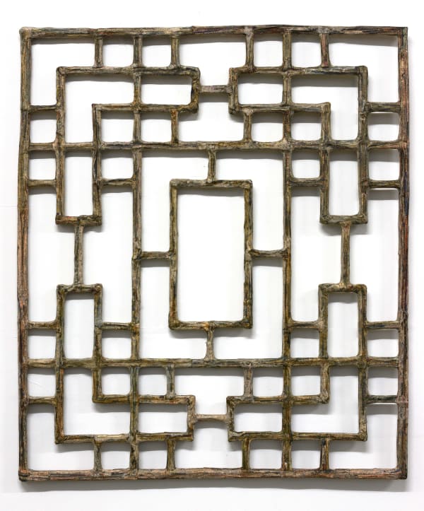 Window #46, 2019 Financial Times newspaper, bamboo and adhesive 105 x 90 cm