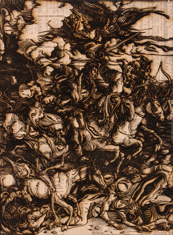 Revelations IV (Apocalypse), 2009 Pyrographic laser etching with 20-30 layers of vaporised Financial Times newspaper on plywood 32.5 x 24.5 x 2 cm 13 x 9 1/2 x 1 in