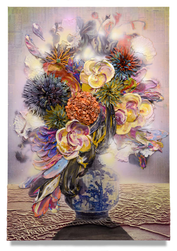 Augury of Wuhan, 2022 Financial Times newspaper, archival inkjet, acrylic, and sand on linen 82 x 57 cm 32 1/2 x 22 1/2 in