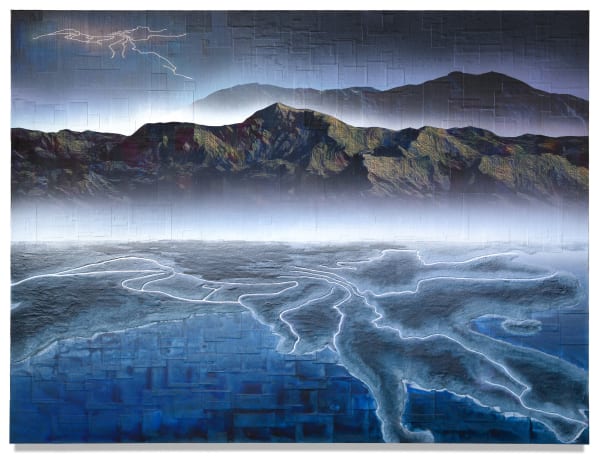 Towers of Water, 2020 Financial Times stock listings, archival inkjet, sand and acrylic on canvas 150 x 200 x 5 cm 59 1/2 x 78 1/2 x 2 in