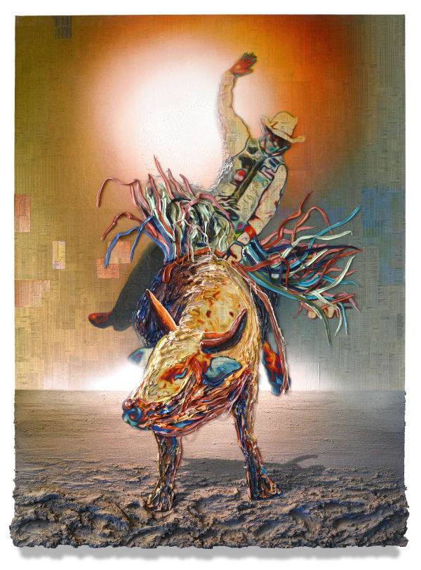 Shock and Awe, 2016 Financial newspaper, archival inkjet, sand and acrylic on canvas 200 x 150 x 3.5 cm 78 1/2 x 59 x 1 1/2 in