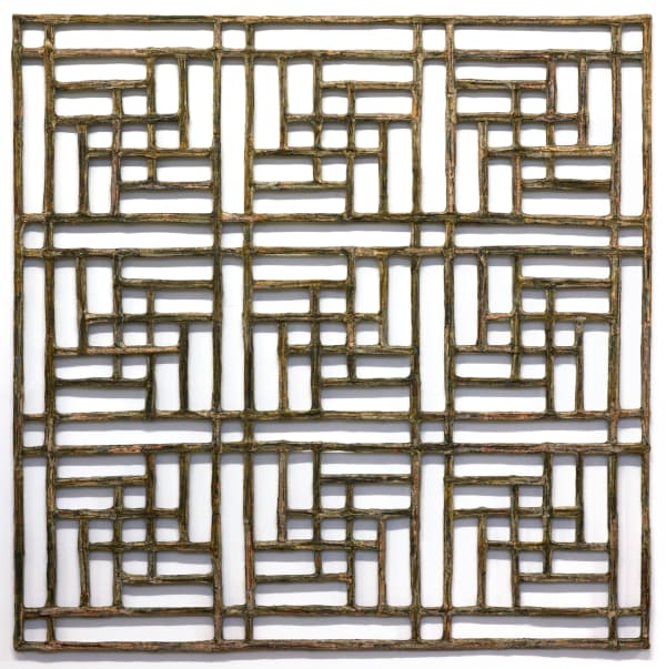 Window #35, 2020 Financial Times newspaper, bamboo and adhesive 130 x 130 cm