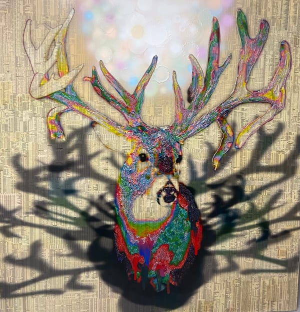 Royal Stag Trophy, 2010 Acrylic, spray paint, glue, stock listings on mylar and canvas 163.2 x 153.3 cm