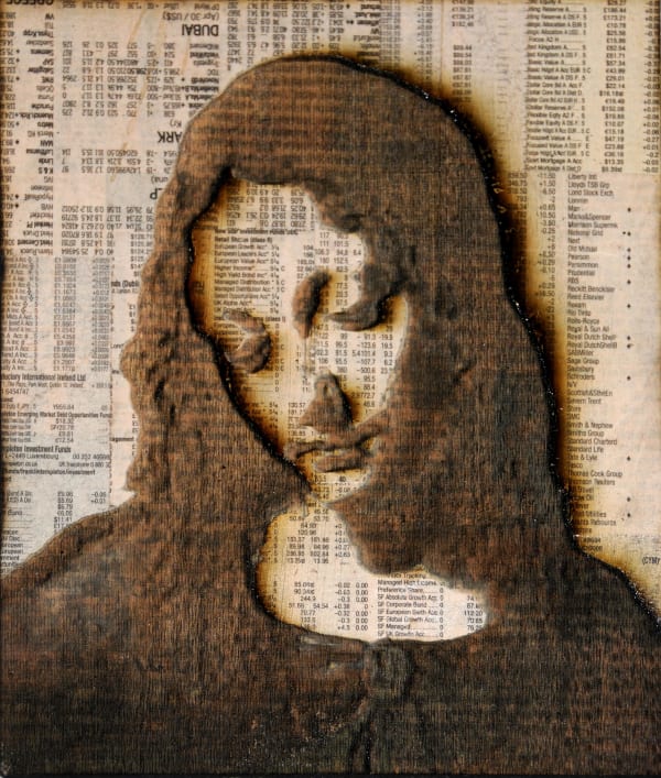 Mother, 2009 Laser pyrography, vaporised stock listings on plywood 21 x 17 x 2 cm