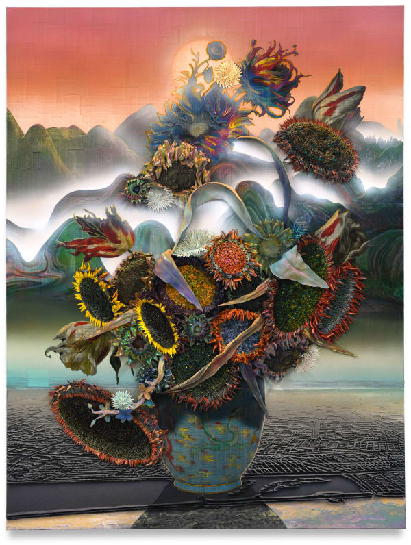 Poems Between Heaven and Earth (Hangzhou), 2025 Financial Times newspaper, archival inkjet, acrylic, PLA filament and sand on linen 200 x 150 x 5 cm 78 1/2 x 59 x 2 in