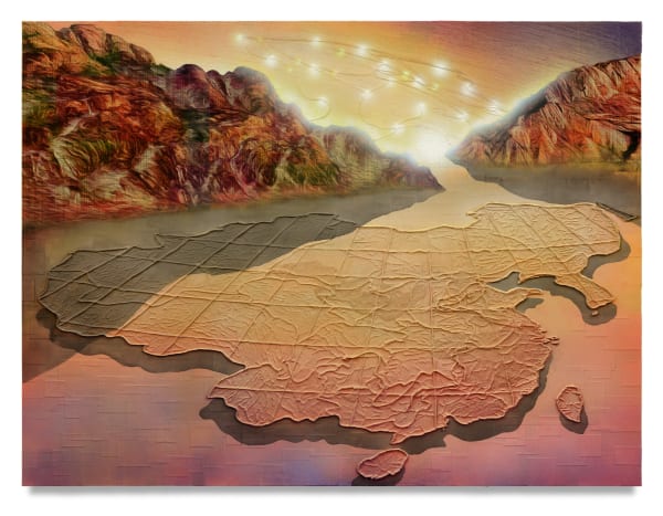 Heavens Collide, 2022 Financial Times newspaper, archival inkjet, acrylic, and sand on linen 150 x 200 x 3 cm 59 1/2 x 78 1/2 x 1 1/2 in