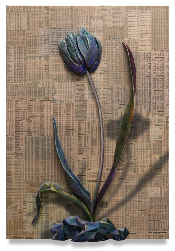 Tulip Paradox 4, 2025 Financial Times newspaper, archival inkjet, acrylic, PLA filament on linen 82 x 57 cm 32 1/2 x 22 1/2 in