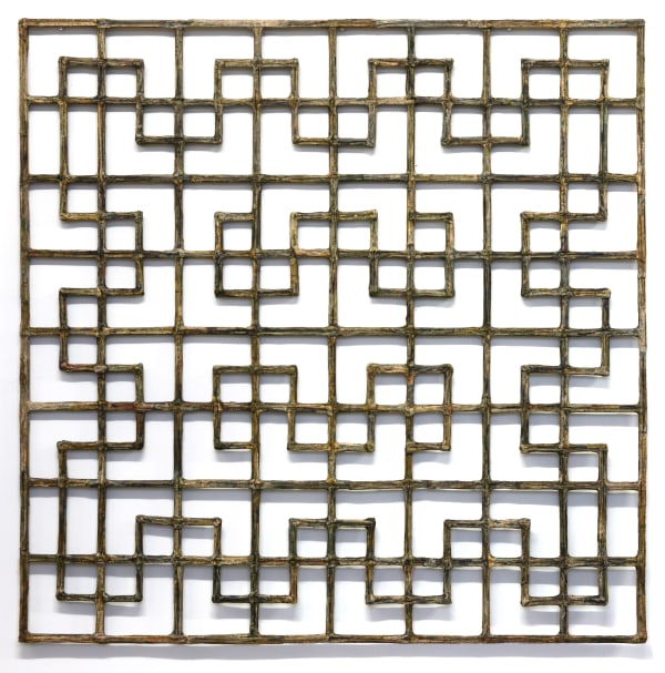 Window #36, 2020 Financial Times newspaper, bamboo and adhesive 156 x 157 cm 61 1/2 x 62 in