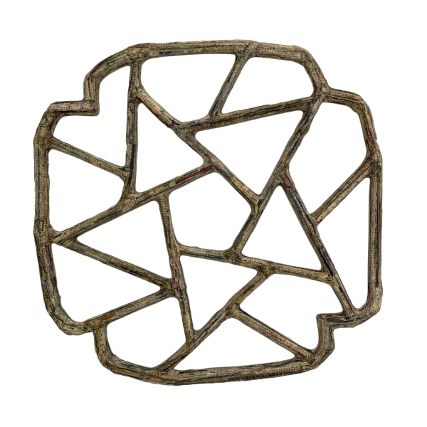 Window Q #65, 2020 Financial Times newspaper, bamboo and adhesive 50.5 x 51.5 x 2 cm 20 x 20 1/2 x 1 in