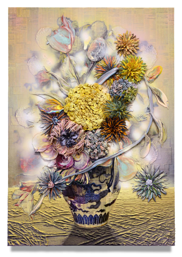 Augury of Beijing, 2022 Financial Times newspaper, archival inkjet, acrylic, and sand on linen 82 x 57 cm 32 1/2 x 22 1/2 in