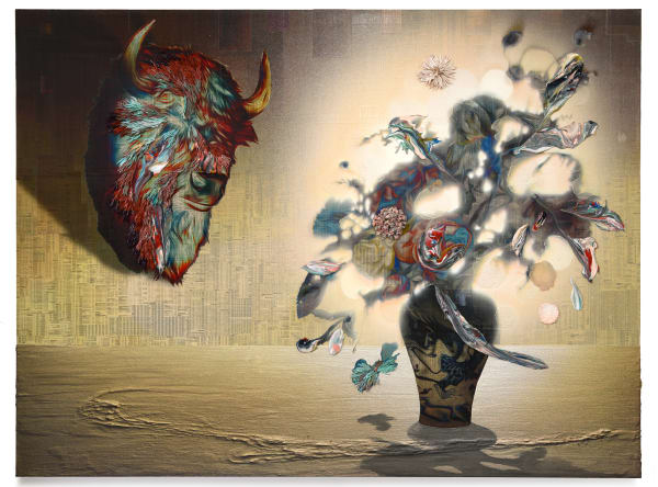 A Strange Game, 2015 Financial Times stock listings, acrylic, pumice and sand on canvas and sail cloth 150 x 200 x 3.5 cm