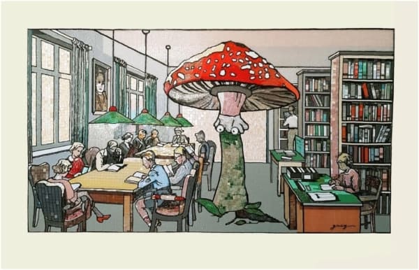 Vladimir Grig БИБЛИОТЕКА (версия 2), 2024 Холст, акрил, мозаика, воск, стеклярус, бисер 97 x 152 см Из коллекции Веры Нигматуллиной