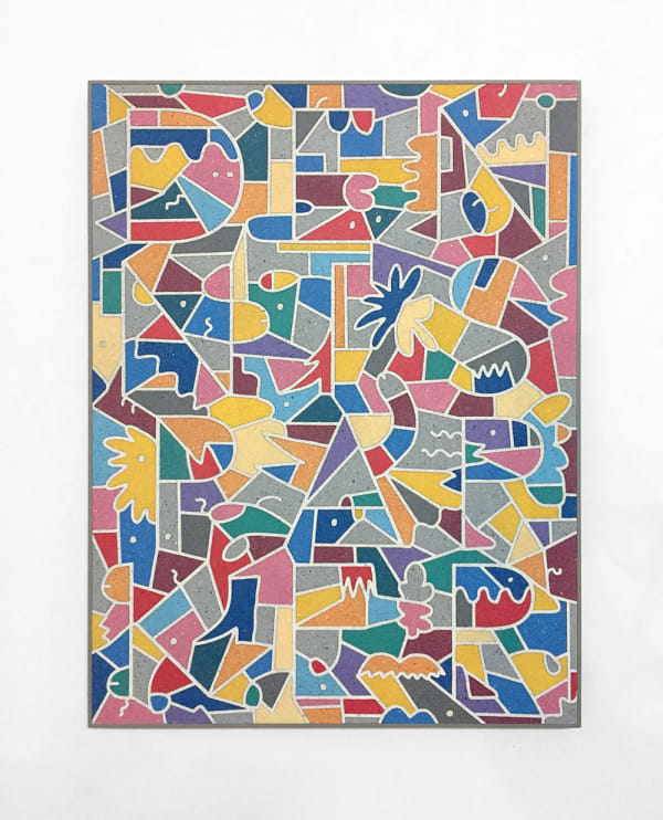 A mixed media piece depicting an abstract, kaleidoscopic pattern.