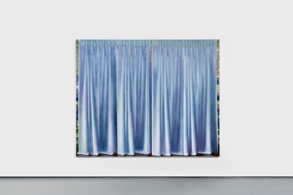 installation view of a diptych oil painting depicting a blue curtain