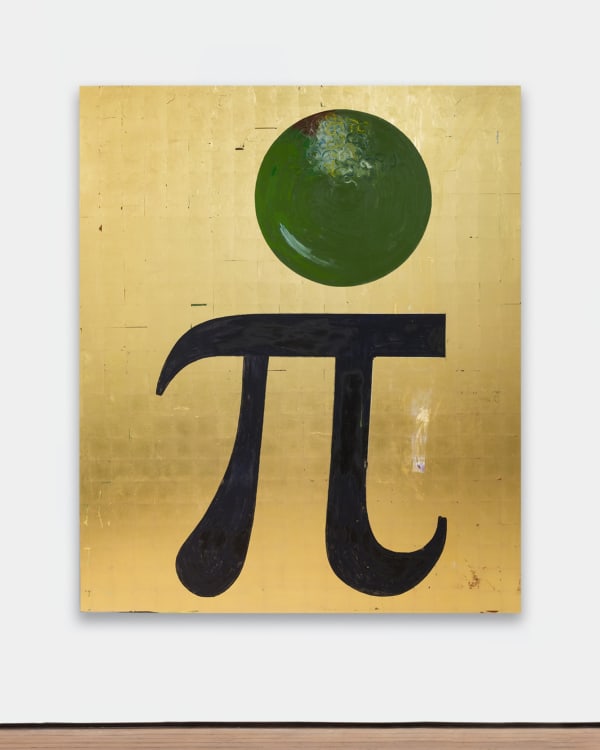 painting depicting a forest green orb over a "pi" symbol over a golden paneled background.