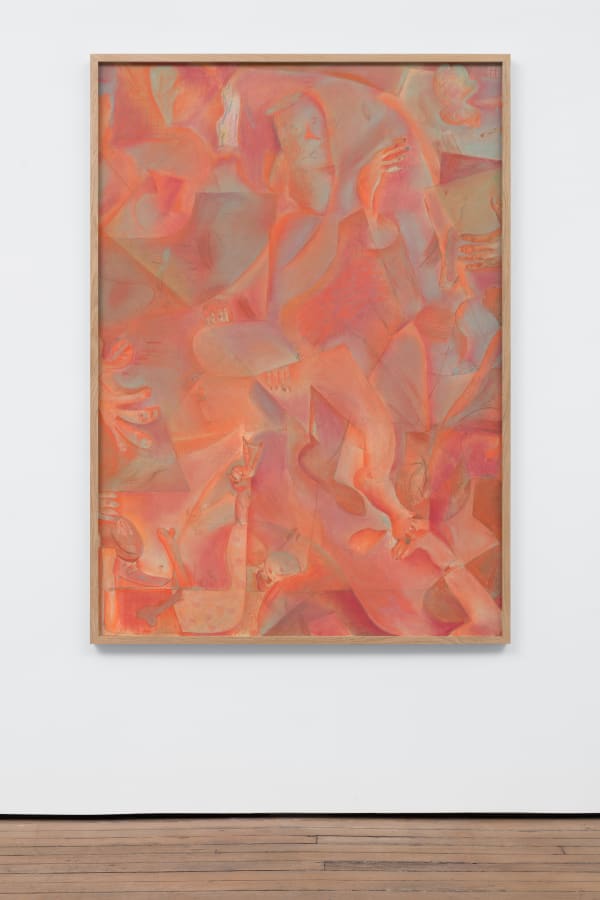 surrealistic soft red-hued etching of abstracted human figures and organic shapes