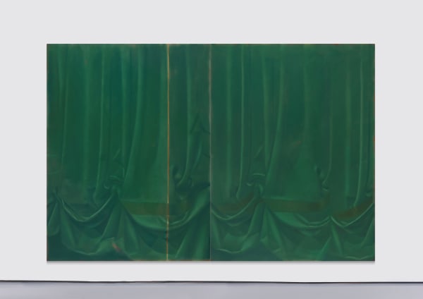 An oil on canvas piece depicting velvety, evergreen curtains.