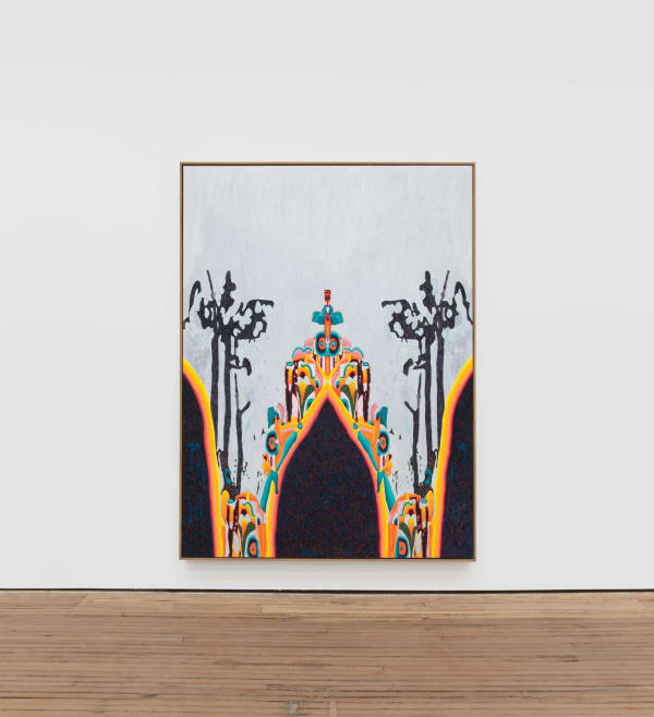 oil painting of a centered brightly colored psychedelic figure with three black mounds against a pale background