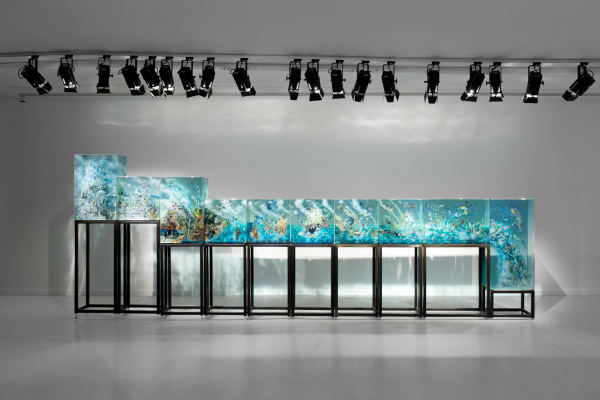 Dustin Yellin 10 parts, 2015-16 Glass, collage, acrylic Ten panels Dimensions excl. base: 1: 35.00 x 23.75 x 16.50 in | 88.9 x 60.3 x 41.9 cm 2: 23.25 x 23.25 x 16.75 in | 59.1 x 59.1 x 42.5 cm 3: 35.00 x 23.25 x 16.75 in | 88.9 x 60.3 x 42.5 cm 4: 23.25 x 23.25 x 16.75 in | 59.1 x 59.1 x 42.5 cm 5: 23.25 x 23.25 x 16.75 in | 59.1 x 59.1 x 42.5 cm 6: 23.25 x 23.25 x 16.75 in | 59.1 x 59.1 x 42.5 cm 7: 23.25 x 23.25 x 16.75 in | 59.1 x 59.1 x 42.5 cm 8: 23.25 x 23.25 x 16.75 in | 59.1 x 59.1 x 42.5 cm 9: 23.25 x 35.00 x 16.75 in | 59.1 x 88.9 x 42.5 cm 10: 47.50 x 23.25 x 16.75 in | 120.7 x 59.1 x 42.5 cm