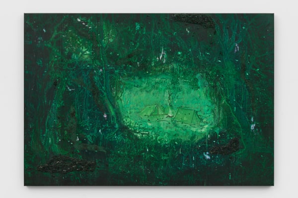 A mixed media image depicting two tents set up in a glade situated in the middle of a shadowy forest.