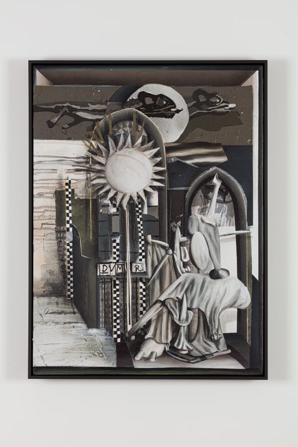 A mixed media piece of abstract scene.