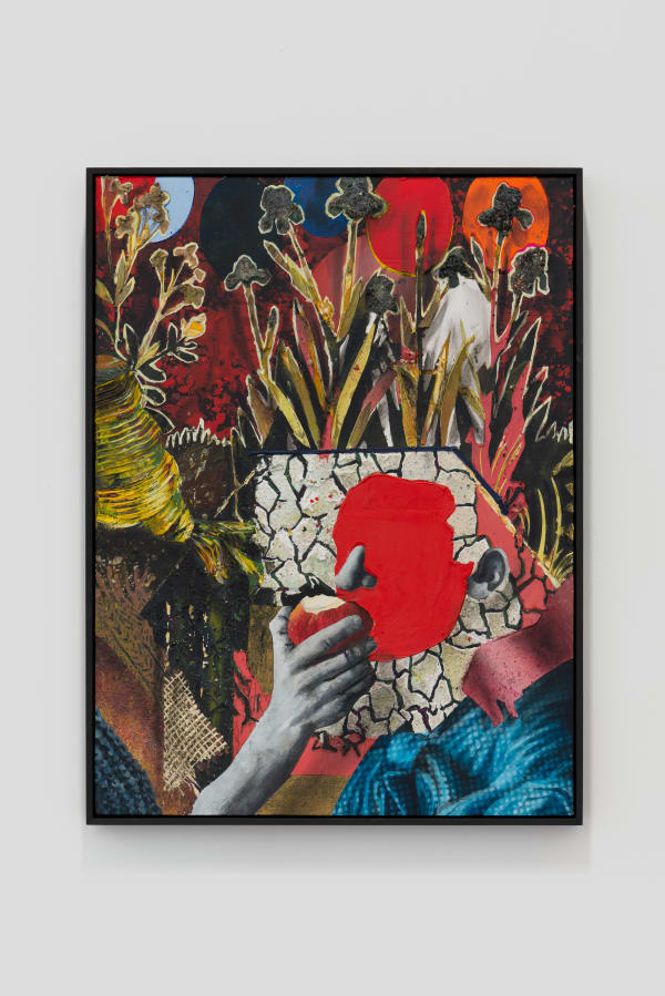 A mixed media piece of an abstract scene.