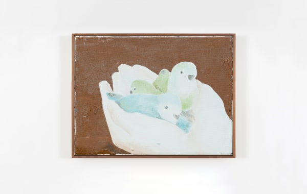 Oil on canvas piece depicting hands holding three baby birds.