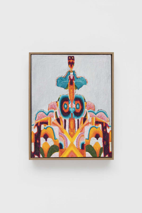 oil painting depicting brightly colored psychedelic geometric patterns against a grey background