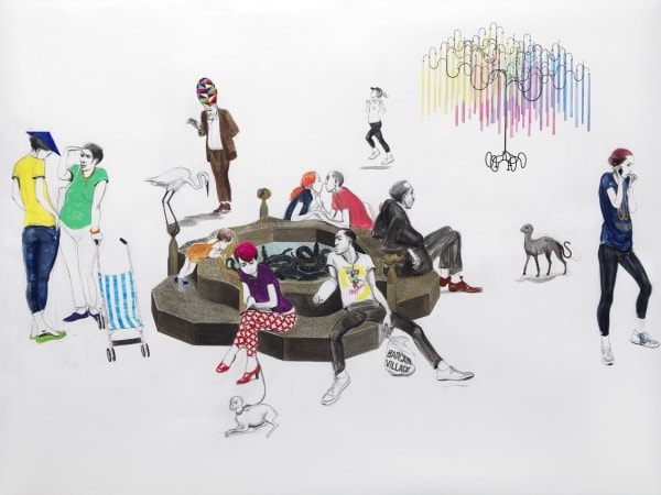 An image of various people and animals conversing and lounging around a stone pond that is filled with what appears to be black eels.