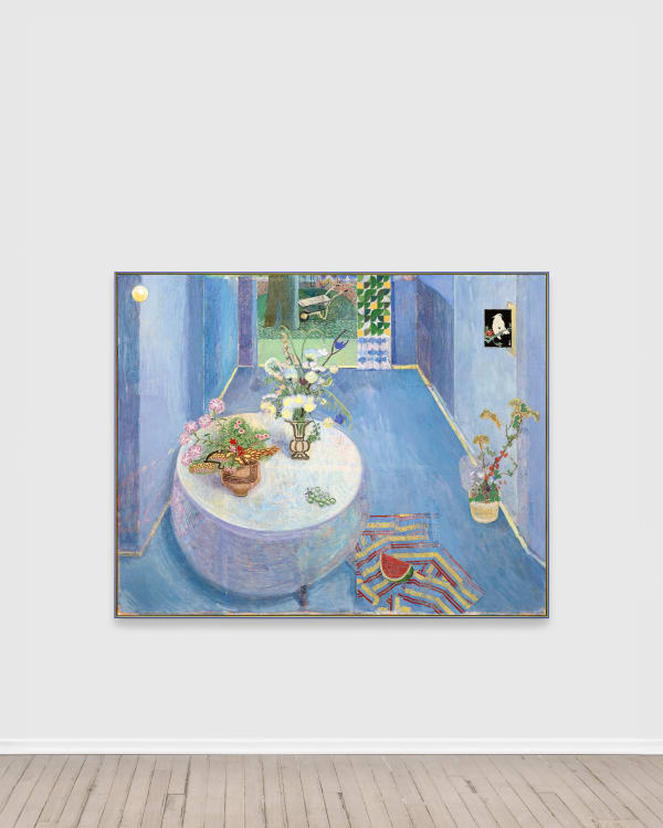 Matthias Weischer Blaues Zimmer, 2025 Egg tempera on canvas, framed 166.1 x 208.3 cm | 65 3/8 x 82 in