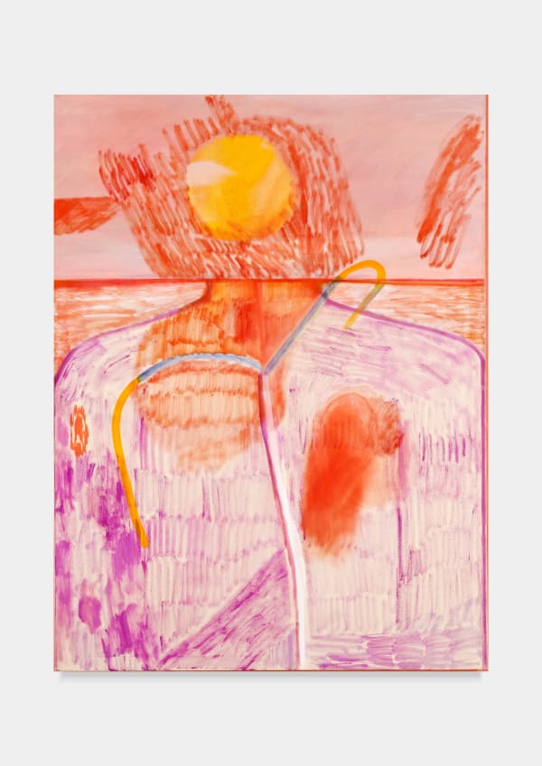 An oil painting of an abstract landscape consisting of various shapes, objects, and colours.