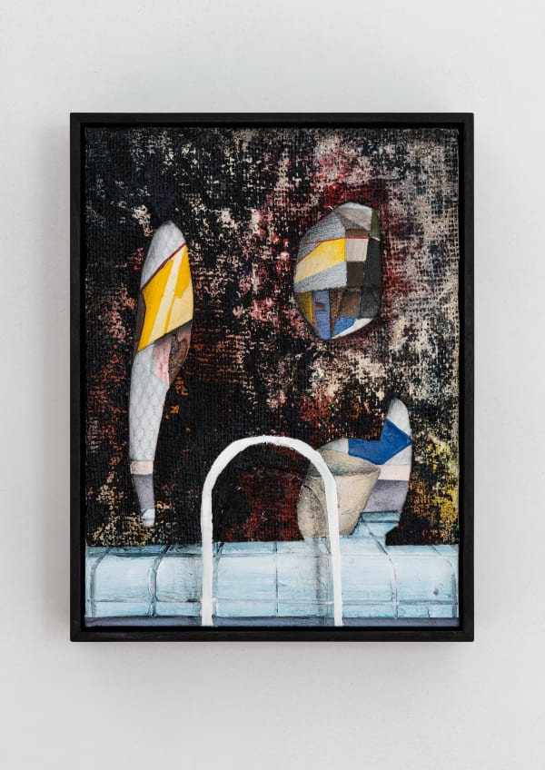 multi media painting depicting surreal geometric figures along the side of a pool